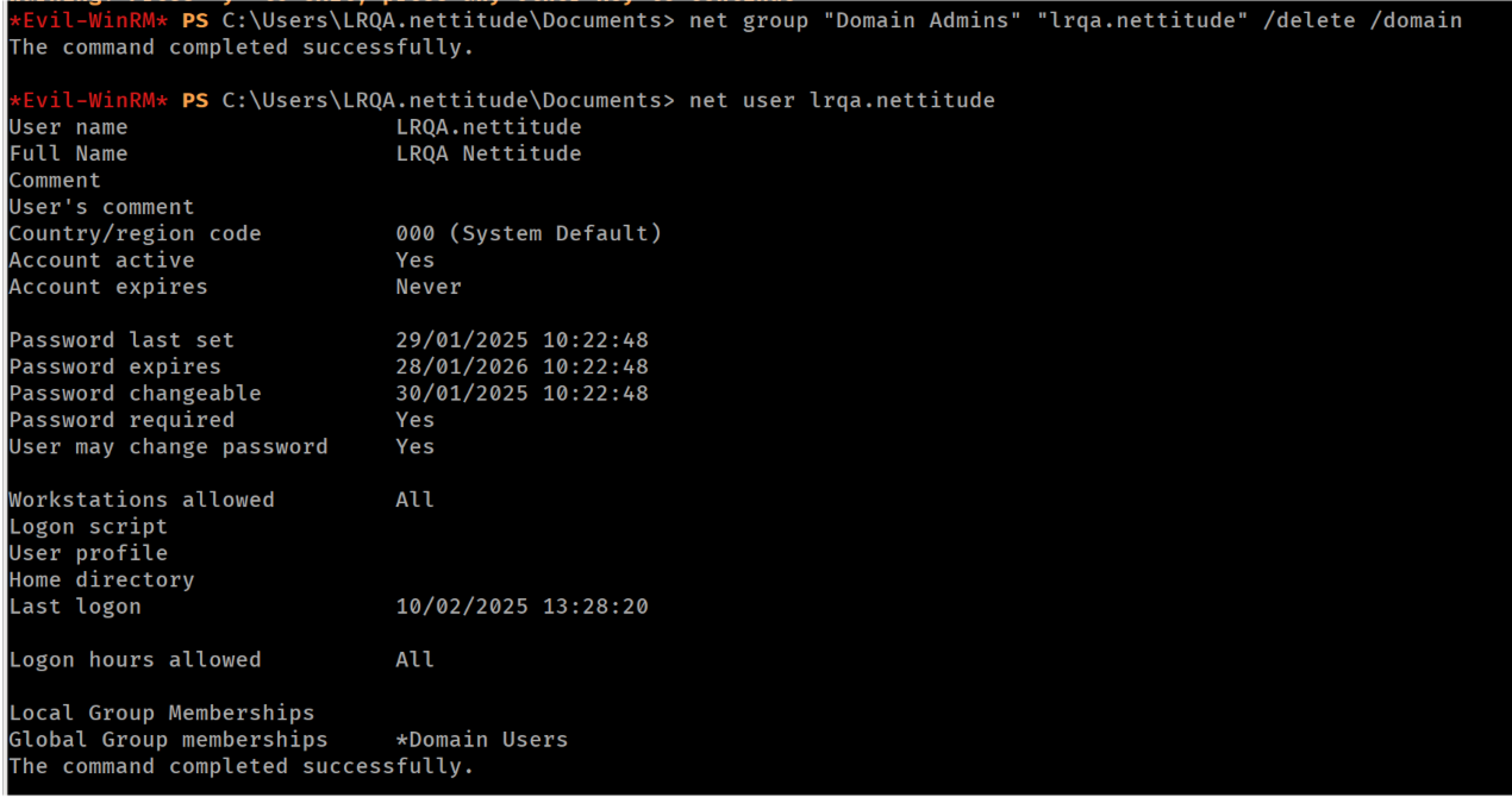 Removing the test user from the Domain Admins group